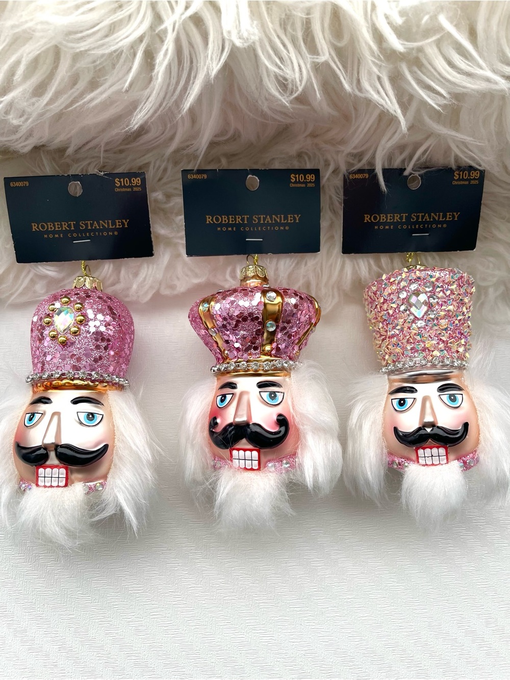 ROBERT STANLEY Glass Nutcracker Head Ornaments Glitter Crown Christmas
Set of 3